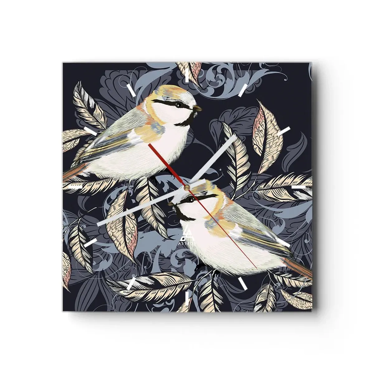 Väggklocka - Klocka på glas - Gul-grå fågelsång - 30x30 cm