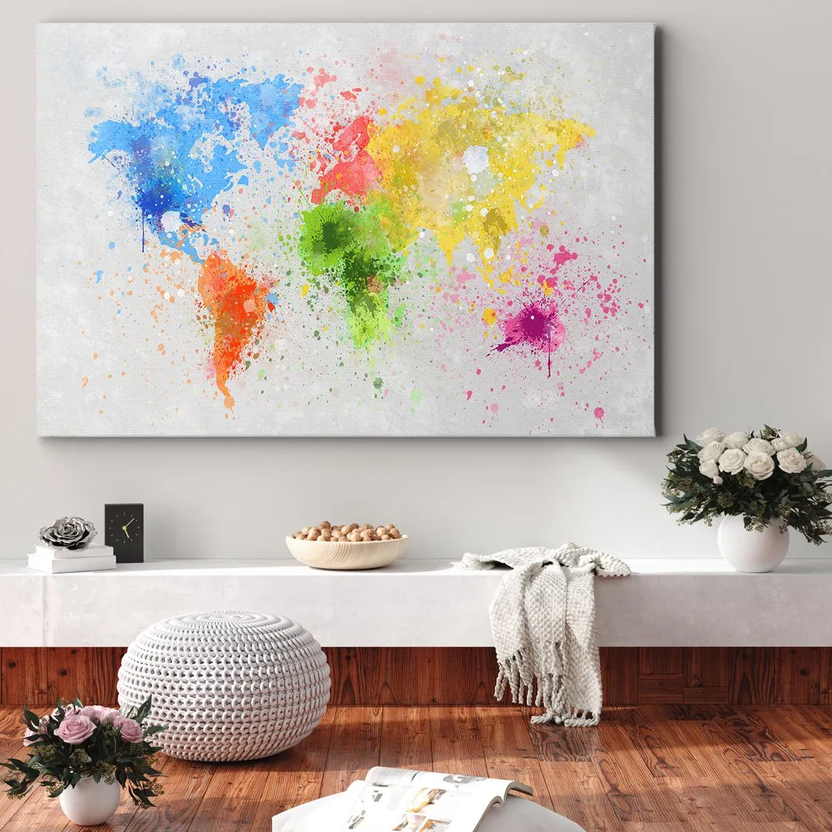Canvastavla - Bild på duk - En världskarta i en färgglad akvarelltolkning - 70x50cm - Världens alla färger - Modern väggdekoration för vardagsrum och sovrum ARTTOR
