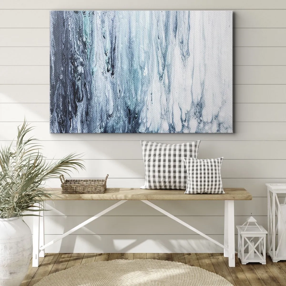 Canvastavla - Bild på duk - Abstrakta blå och vita strimmor som liknar istappar - 70x50cm - Blåa istappar - Modern väggdekoration för vardagsrum och sovrum ARTTOR