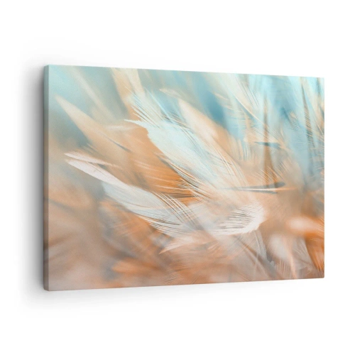 Canvastavla - Bild på duk - Fina fjädrar i pastellfärger av blått och orange - 70x50cm - I mildhetens land - Modern väggdekoration för vardagsrum och sovrum ARTTOR