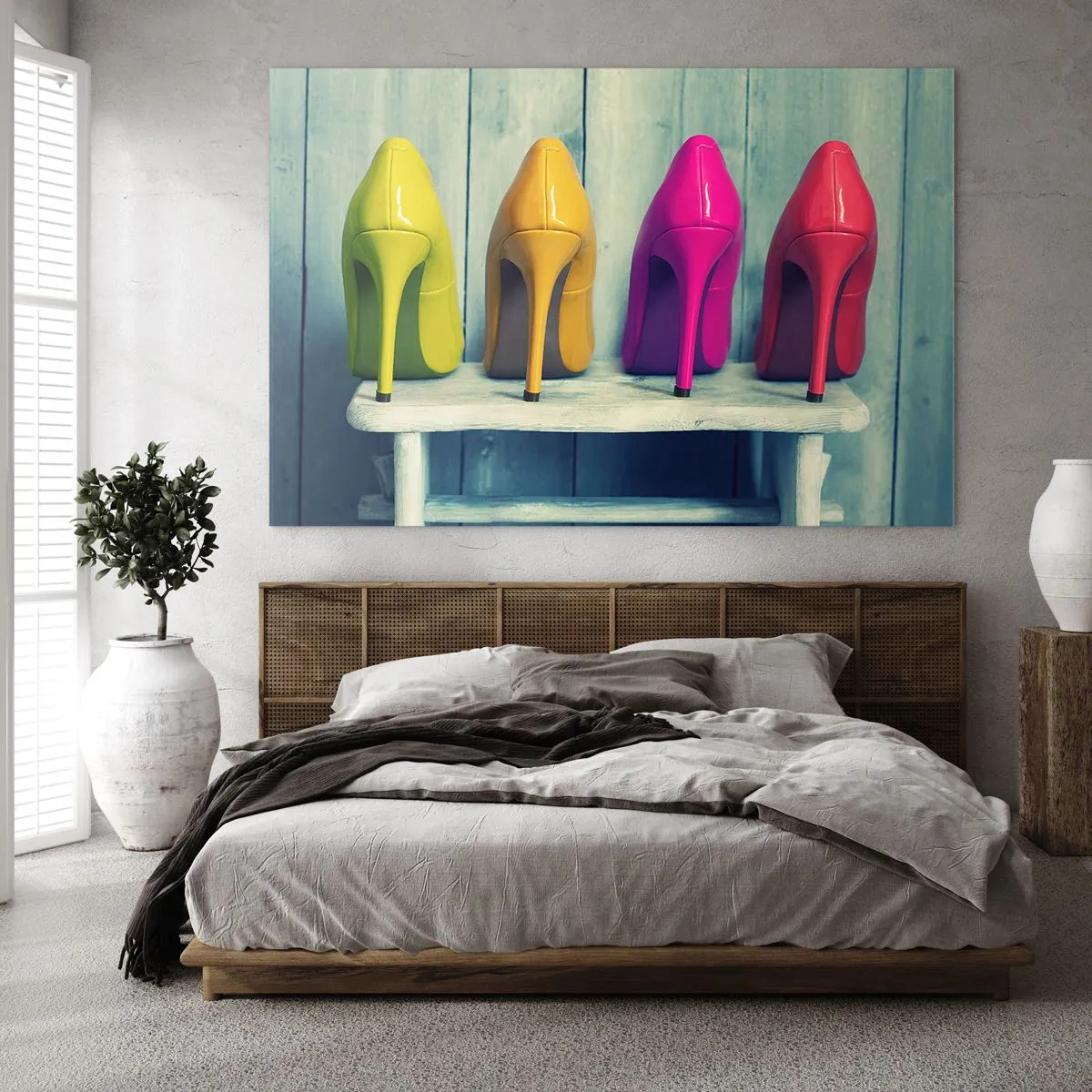 Glastavla - Bild på glas - Fyra färgglada nålar arrangerade på en träbänk - 70x50cm - En promenad på regnbågen - Modern väggdekoration för vardagsrum och sovrum ARTTOR