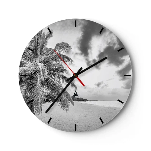 Väggklocka - Klocka på glas - Strand med palmer i svartvitt - 30x30cm - När du längtar efter ensamheten... - Modern väggdekoration för vardagsrum, kök och sovrum ARTTOR