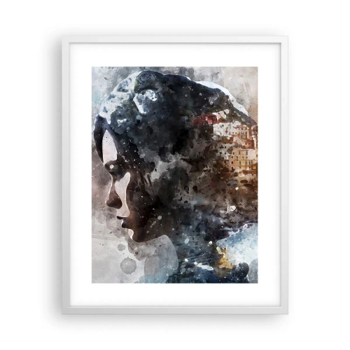Affisch i vit ram - Berättelse om en tjej med en stad i bakgrunden - 40x50 cm
