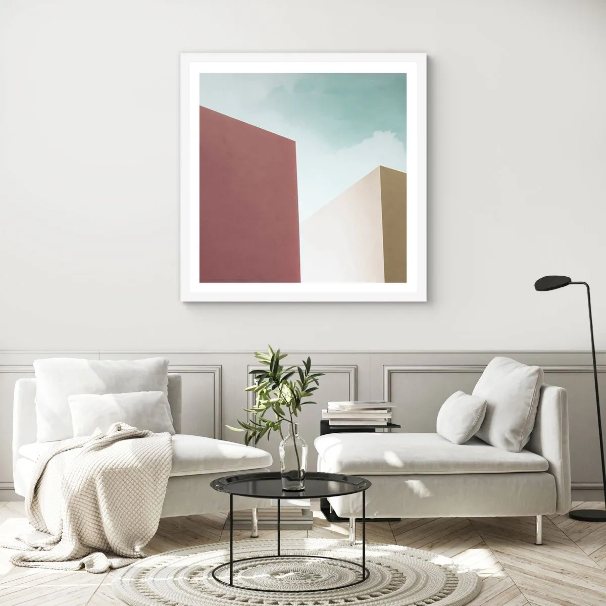 Affisch i vit ram - Geometri av en solig sommar - 50x50 cm