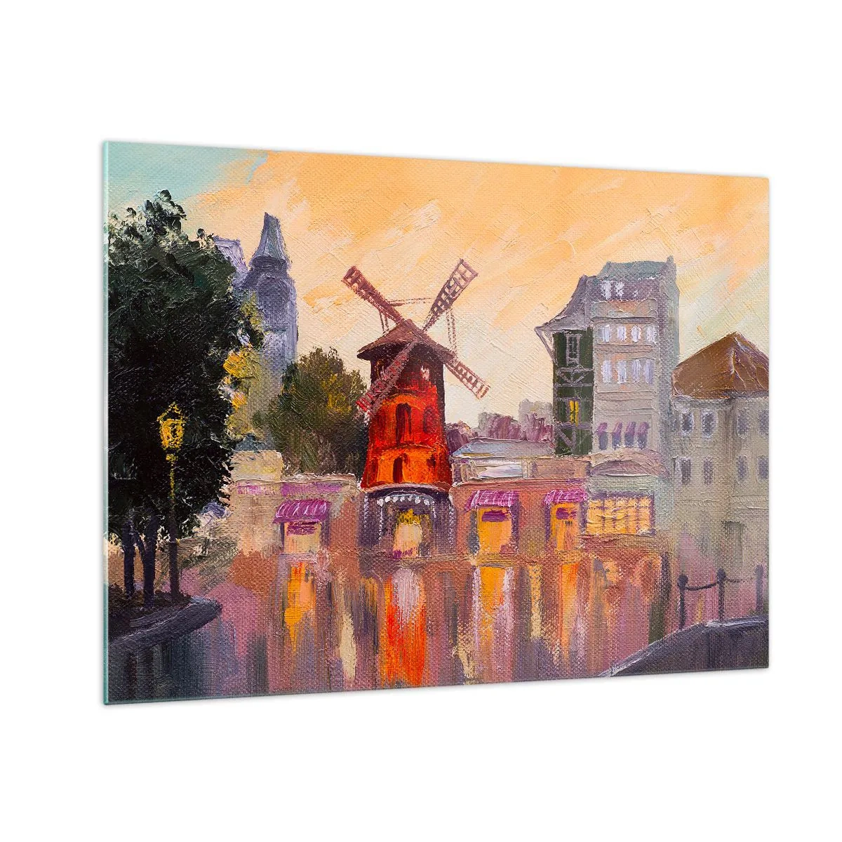 Glastavla - Bild på glas - Moulin Rouges röda väderkvarn bland parisiska hyreshus - 70x50cm - Ikoner av Paris – Moulin Rouge - Modern väggdekoration för vardagsrum och sovrum ARTTOR