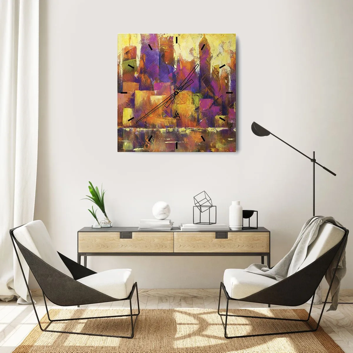 Väggklocka - Klocka på glas - Metropolis komposition - 40x40 cm