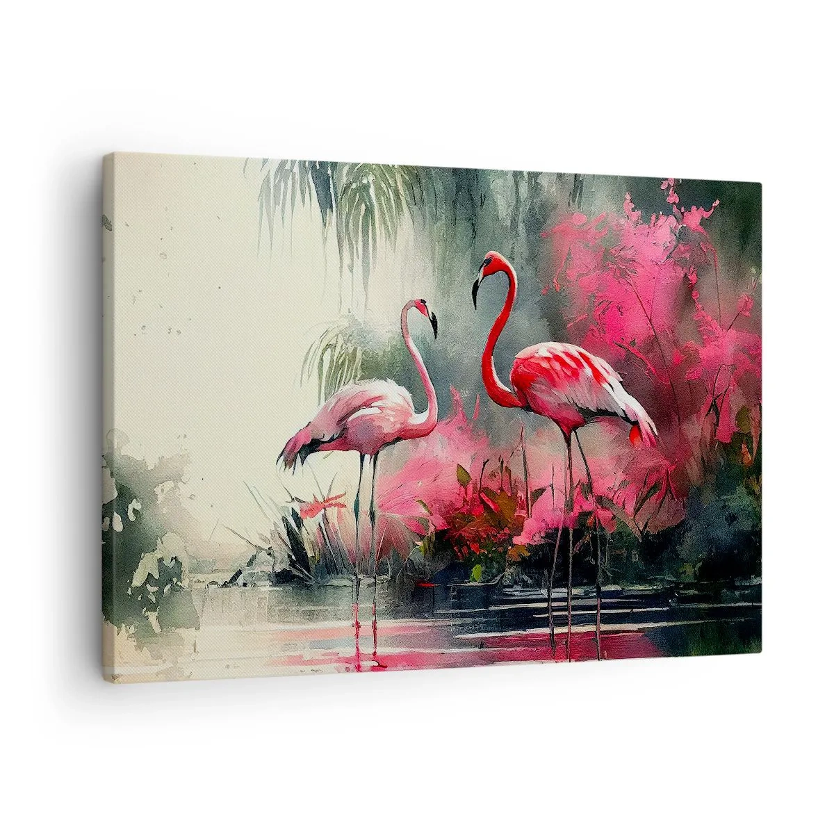 Canvastavla - Bild på duk - Flamingos vid vattnet omgivna av vegetation - 70x50cm - En lektion i naturlig charm - Modern väggdekoration för vardagsrum och sovrum ARTTOR
