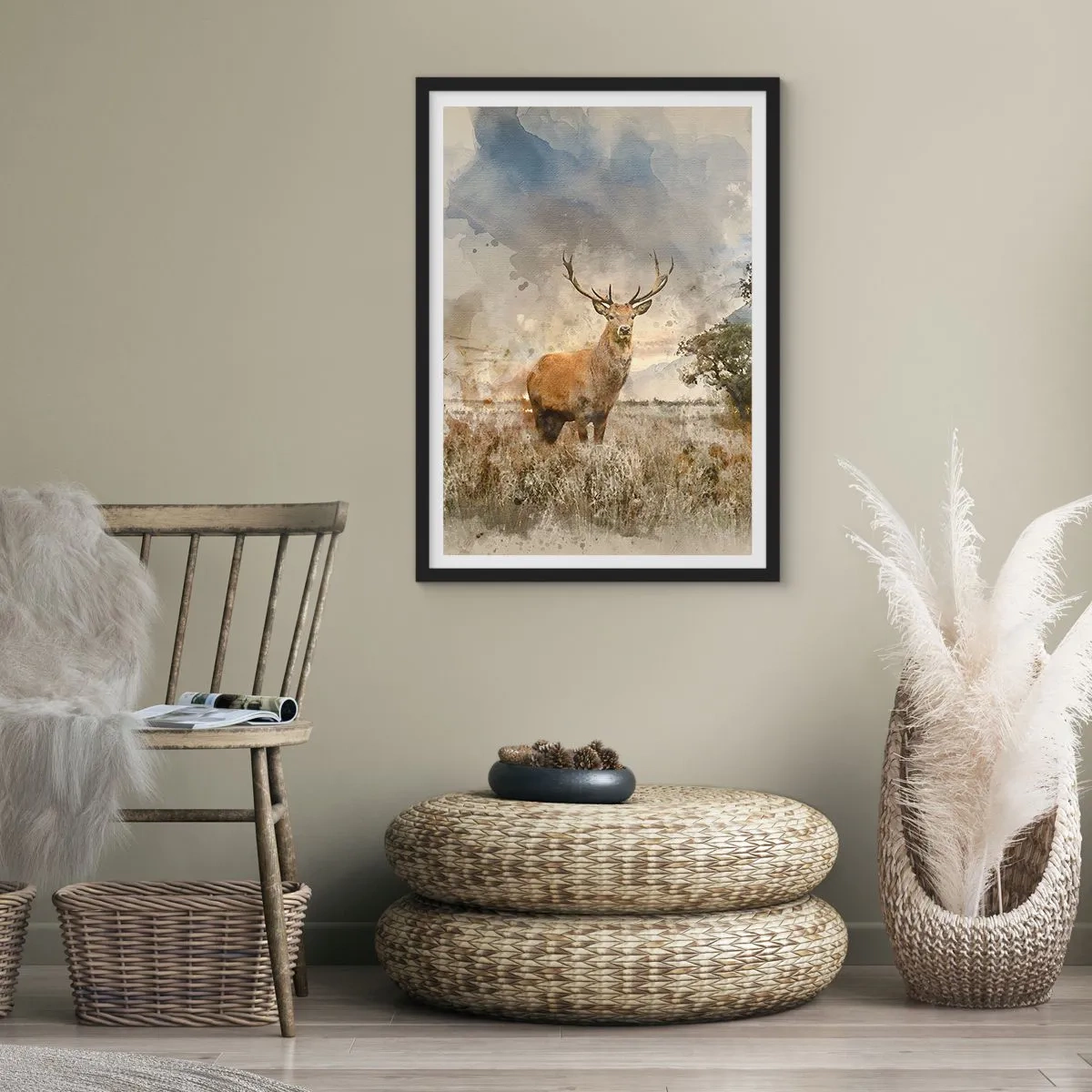 Affisch i svart ram - Hjort mot en naturlig bakgrund i målerisk stil - 50x70cm - Värdighet - styrka - dignitet - Modern väggdekoration för vardagsrum och sovrum ARTTOR
