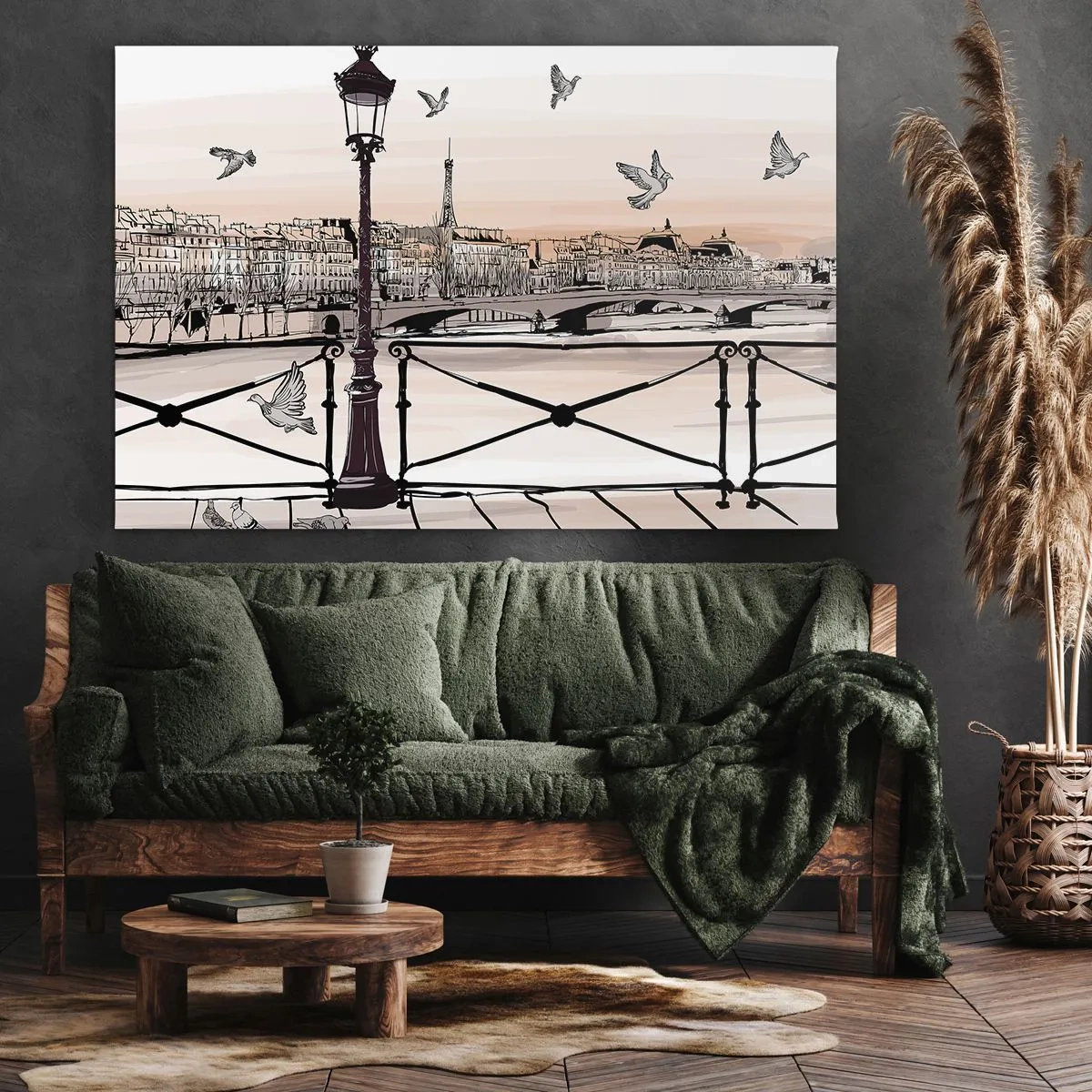 Canvastavla - Bild på duk - Parisisk utsikt med en lykta och en bro - 70x50cm - Över Paris tak - Modern väggdekoration för vardagsrum och sovrum ARTTOR