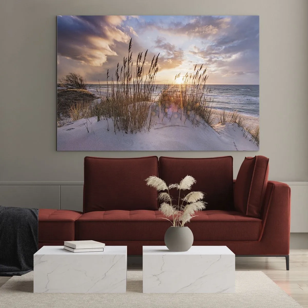Glastavla - Bild på glas - Solnedgång över havet sedd genom strandgräset - 70x50cm - Farväl till solen och vinden - Modern väggdekoration för vardagsrum och sovrum ARTTOR
