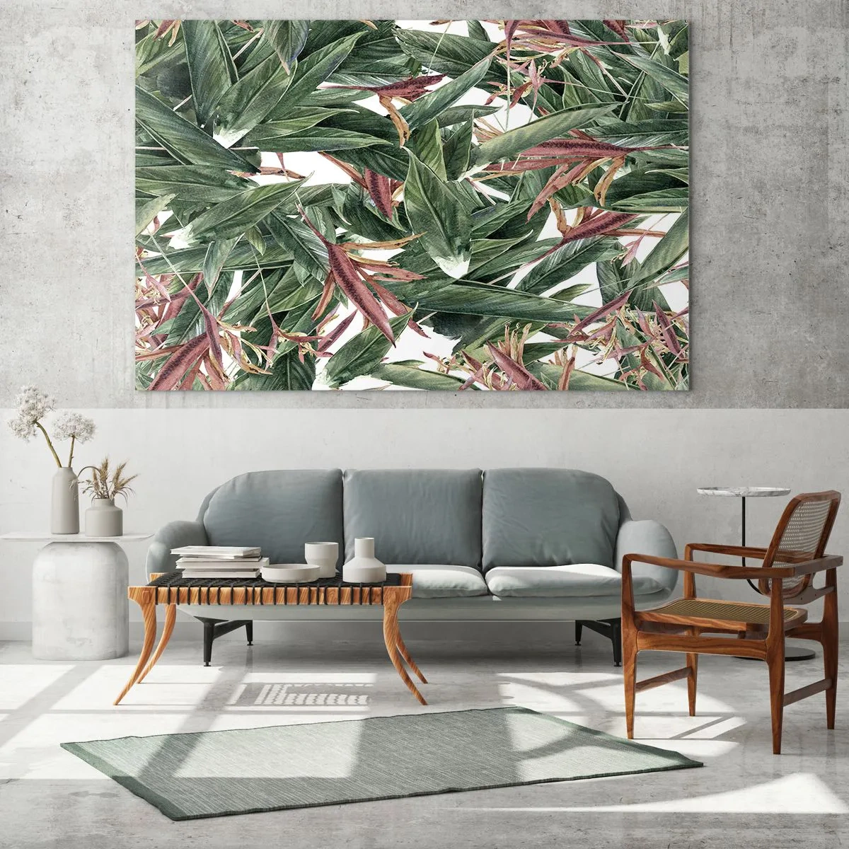 Glastavla - Bild på glas - Blad i nyanser av grönt och vinrött mot en ljus bakgrund - 70x50cm - Smaragd-lila växter - Modern väggdekoration för vardagsrum och sovrum ARTTOR