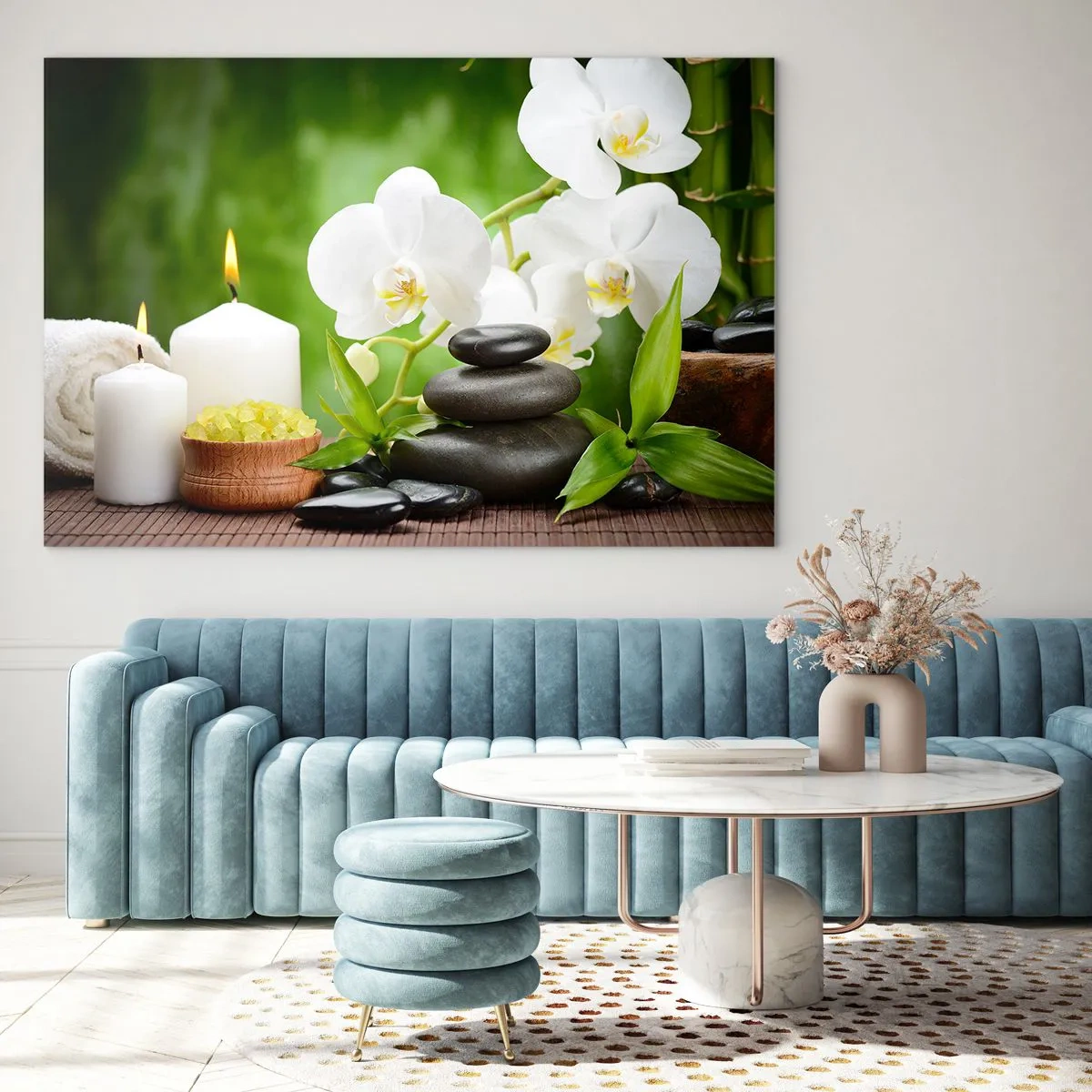 Glastavla - Bild på glas - Spa med orkidéer, stenar och ljus mot en grön bakgrund - 70x50cm - Doftande, blommig och lätt beröring - Modern väggdekoration för vardagsrum och sovrum ARTTOR