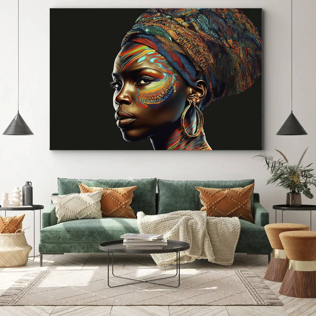 Canvastavla - Bild på duk - Porträtt av en kvinna med ett färgglatt mönster och en turban - 70x50cm - Afrikansk drottning - Modern väggdekoration för vardagsrum och sovrum ARTTOR