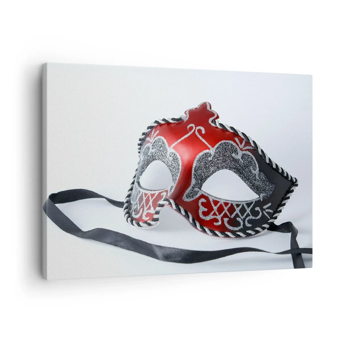 Canvastavla - Bild på duk - Röd karnevalmask på en ljus bakgrund - 70x50cm - Inbjudan till bal - Modern väggdekoration för vardagsrum och sovrum ARTTOR