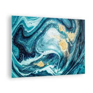 Glastavla - Bild på glas - Abstrakta virvlar i nyanser av turkos och guld - 70x50cm - Blå virvel - Modern väggdekoration för vardagsrum och sovrum ARTTOR