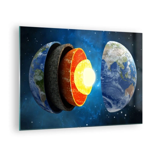 Glastavla - Bild på glas - Ett tvärsnitt av jorden som visar dess lager mot bakgrund av rymden. - 70x50cm - Resa till jordens inre - Modern väggdekoration för vardagsrum och sovrum ARTTOR