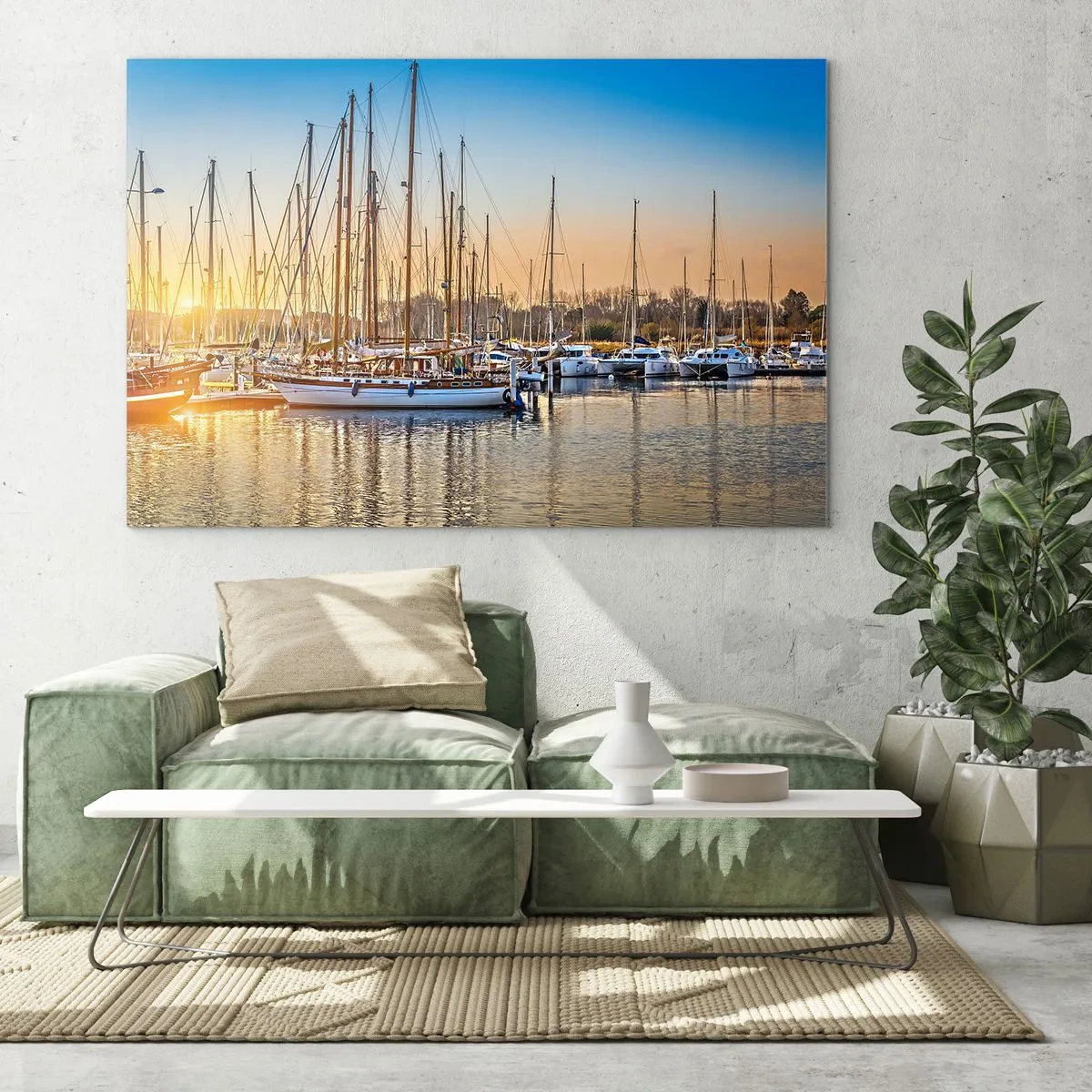 Glastavla - Bild på glas - En marina full av segelbåtar i ljuset av den nedgående solen - 70x50cm - Vinden måste också sova - Modern väggdekoration för vardagsrum och sovrum ARTTOR