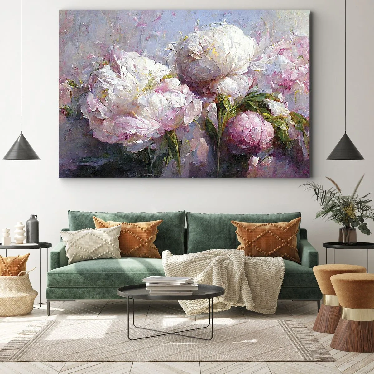 Canvastavla - Bild på duk - Romantiska pionblommor i pastellfärger - 70x50cm - En bukett full av liv - Modern väggdekoration för vardagsrum och sovrum ARTTOR