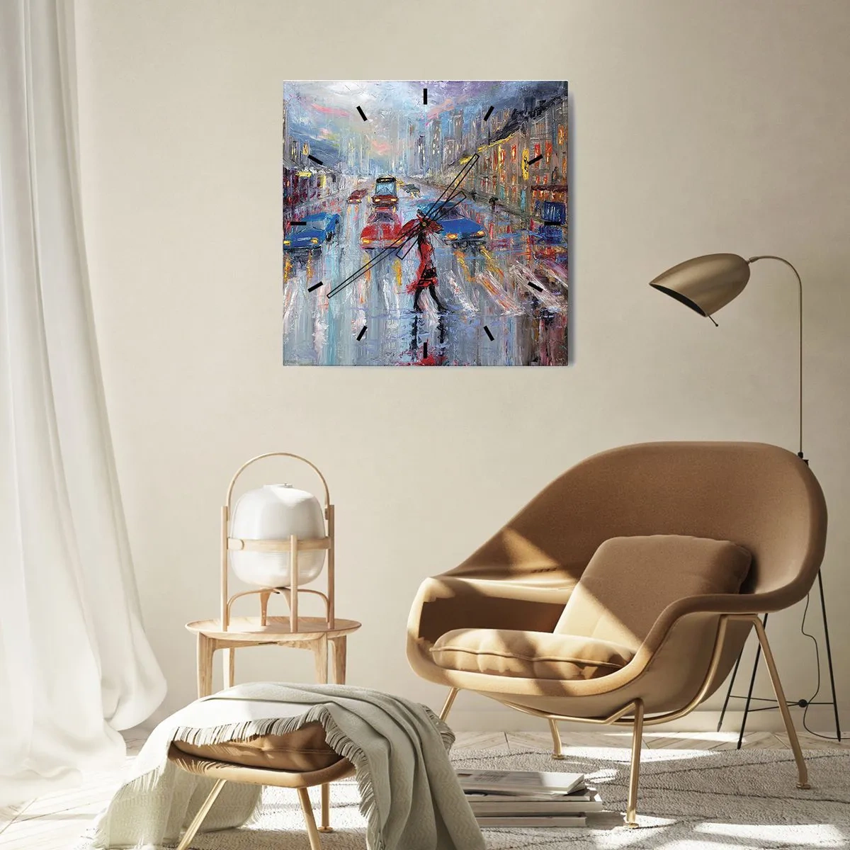 Väggklocka - Klocka på glas - Regnig eftermiddag i staden - 30x30 cm