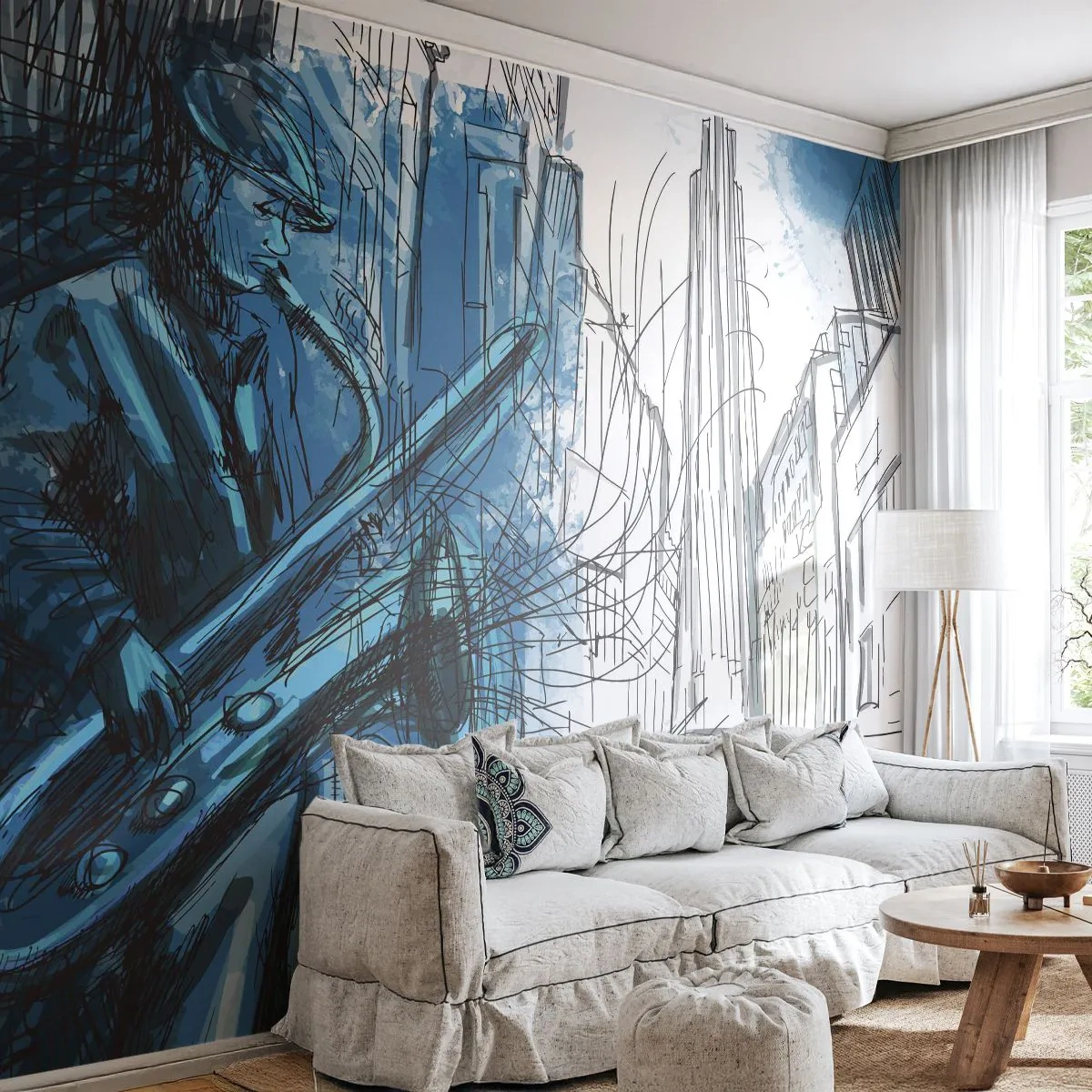 Självhäftande Fototapet Deluxe Sticker - Stadsrapsodi - Saxofon, Jazz, musik - 200x140 cm