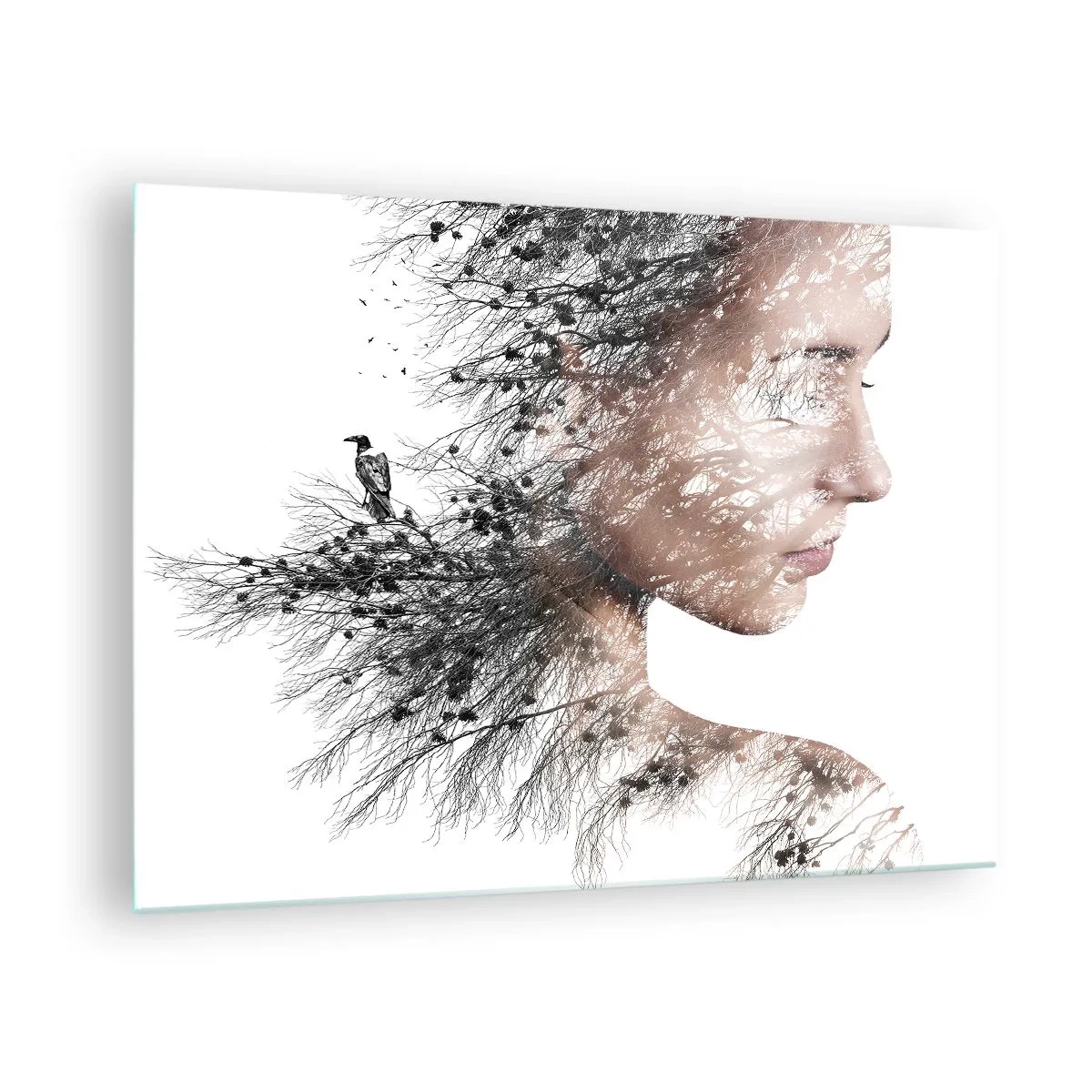 Glastavla - Bild på glas - Porträtt av en kvinna med grenar i bakgrunden - 70x50cm - Skogens ande - Modern väggdekoration för vardagsrum och sovrum ARTTOR