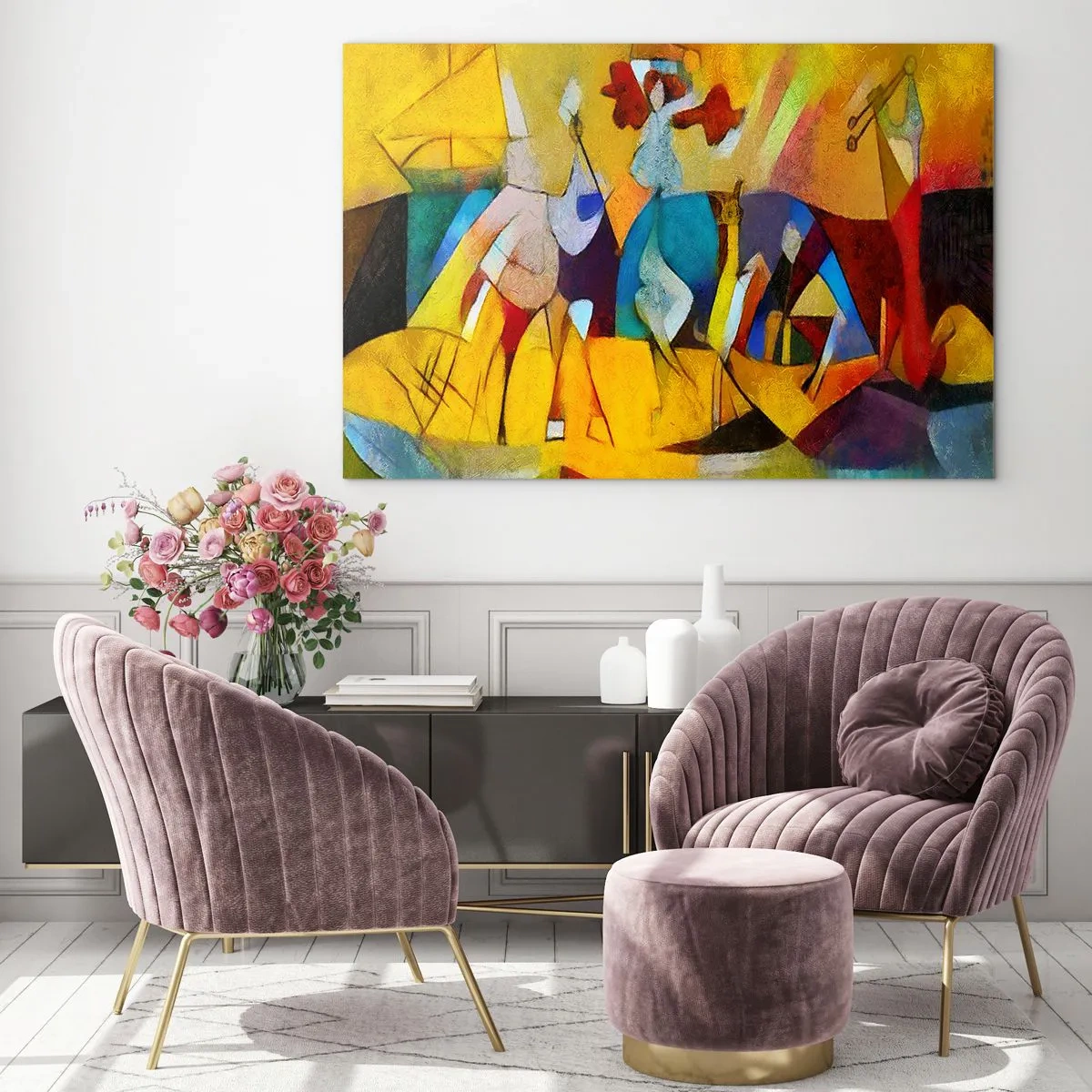 Glastavla - Bild på glas - Färgglad abstraktion med figurer och geometriska former - 70x50cm - Sol - liv -glädje - Modern väggdekoration för vardagsrum och sovrum ARTTOR