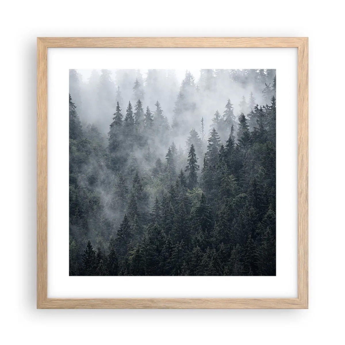 Affisch i ram av ljusek - Gryning i skogen - 40x40 cm