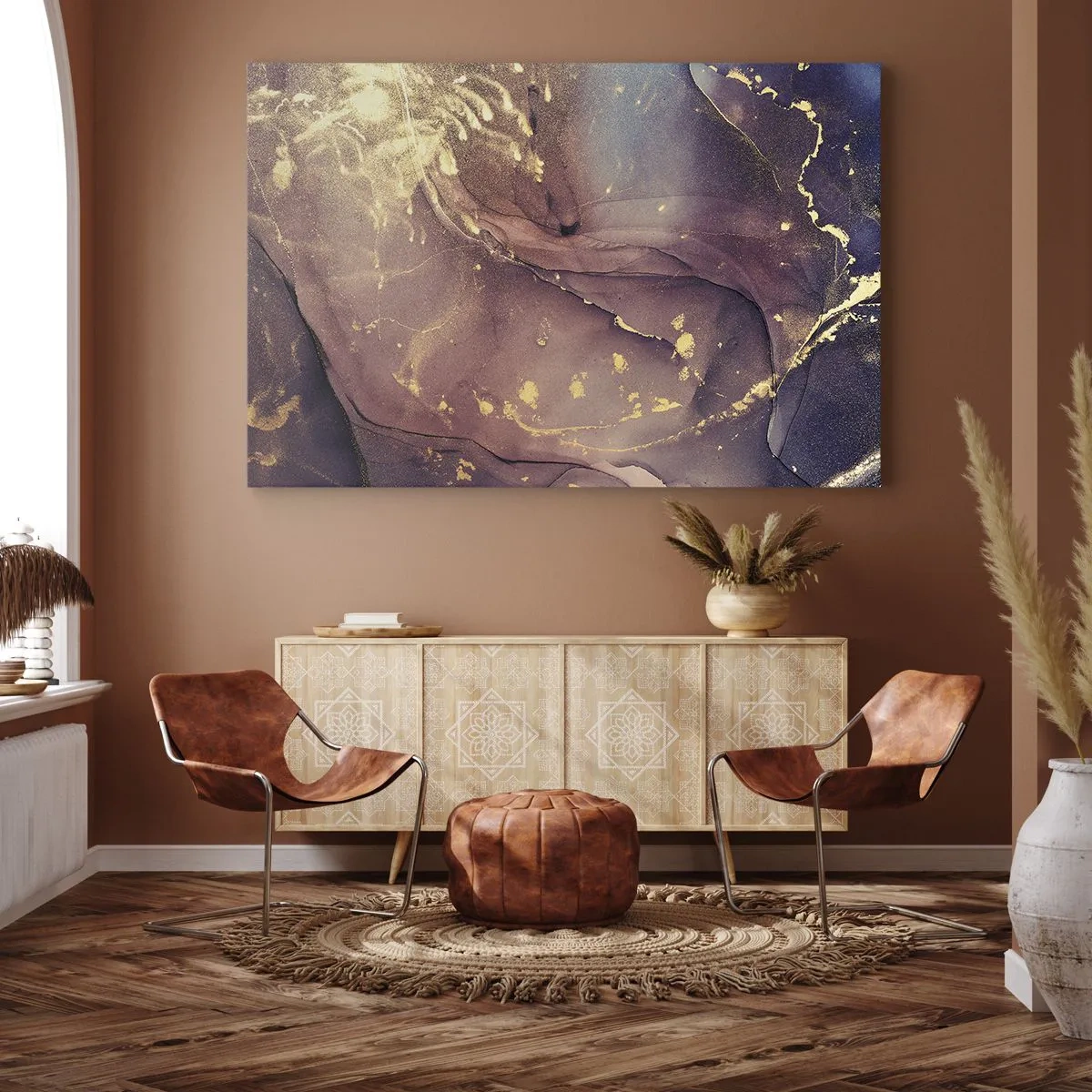 Canvastavla - Bild på duk - Abstrakt komposition med nyanser av guld och lila - 70x50cm - Materia och ande - Modern väggdekoration för vardagsrum och sovrum ARTTOR