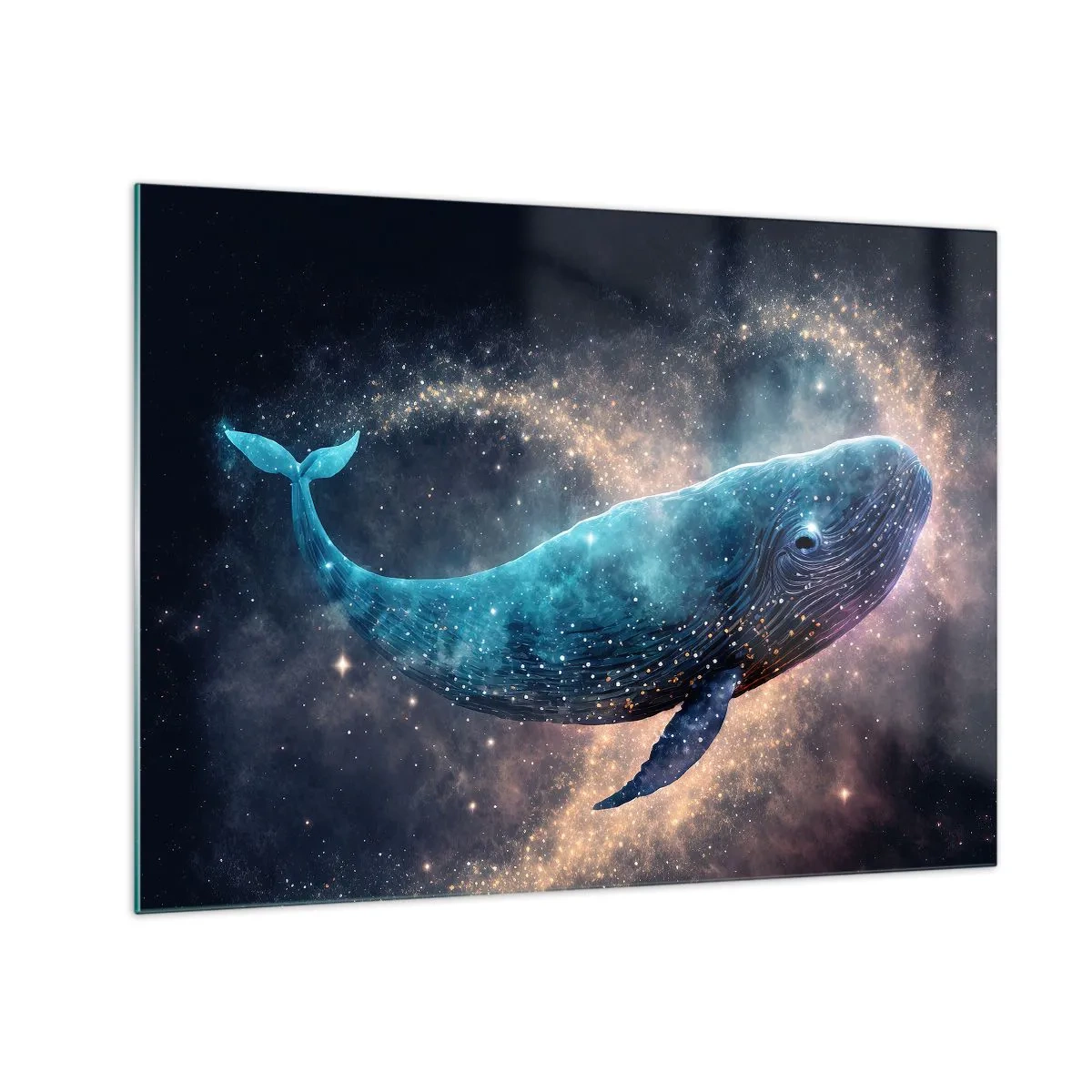 Glastavla - Bild på glas - Blåval som svävar i galaxen - 70x50cm - Det finns en värld... - Modern väggdekoration för vardagsrum och sovrum ARTTOR