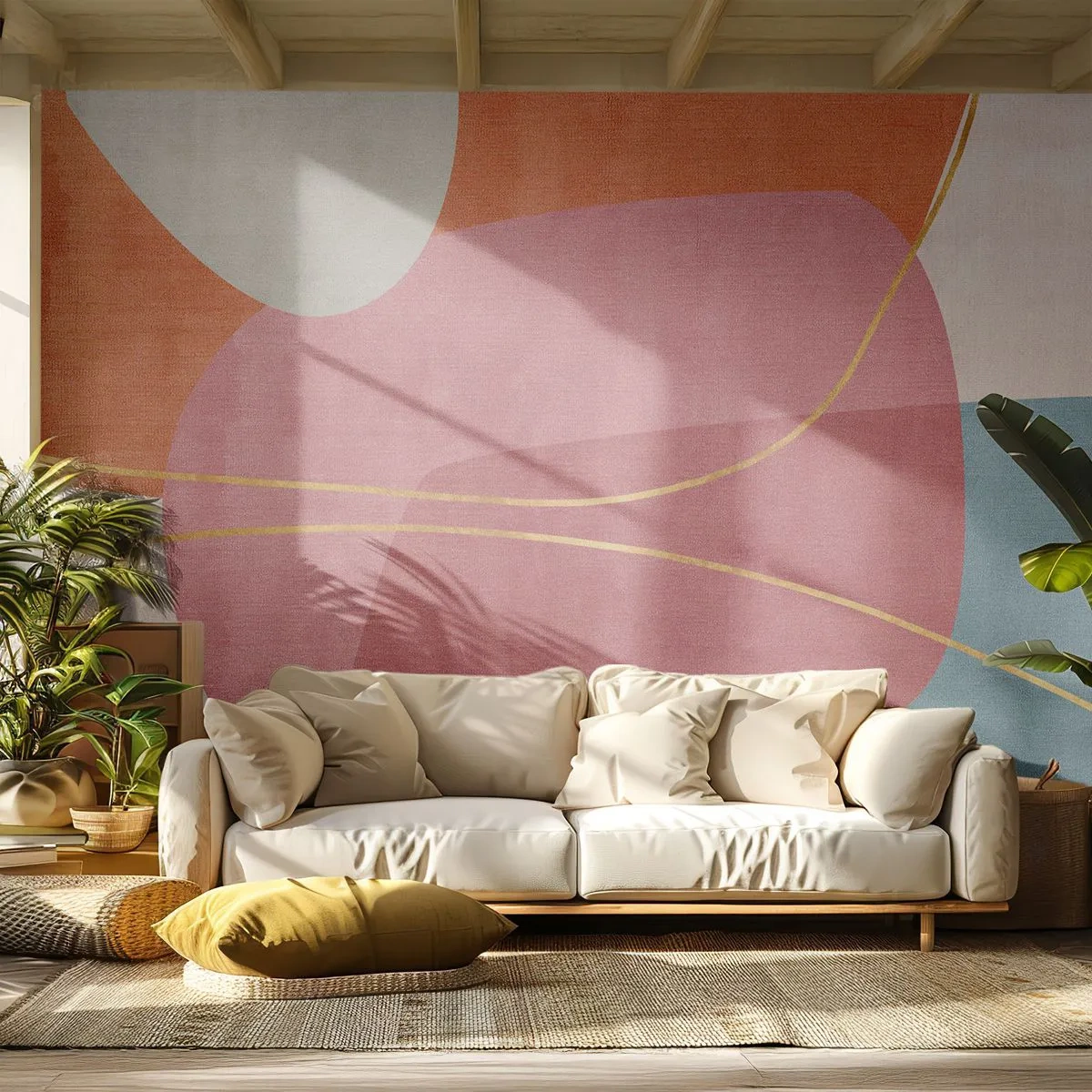 Fototapet Premium Canvas - Pastellkomposition med guldtråd - Abstraktion, Minimalism, Former - 250x175 cm
