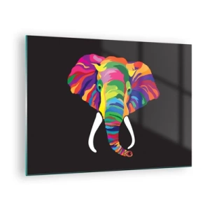 Glastavla - Bild på glas - En färgglad elefant på svart bakgrund i konstnärlig stil - 70x50cm - Elefanten som älskade bada i regnbågen - Modern väggdekoration för vardagsrum och sovrum ARTTOR