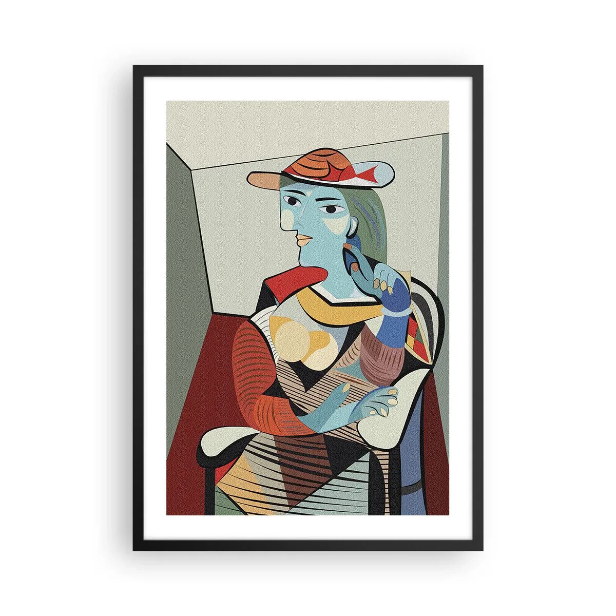 Affisch i svart ram - Kubistiskt porträtt av en kvinna som bär hatt - 50x70cm - Genom Picassos ögon - Modern väggdekoration för vardagsrum och sovrum ARTTOR