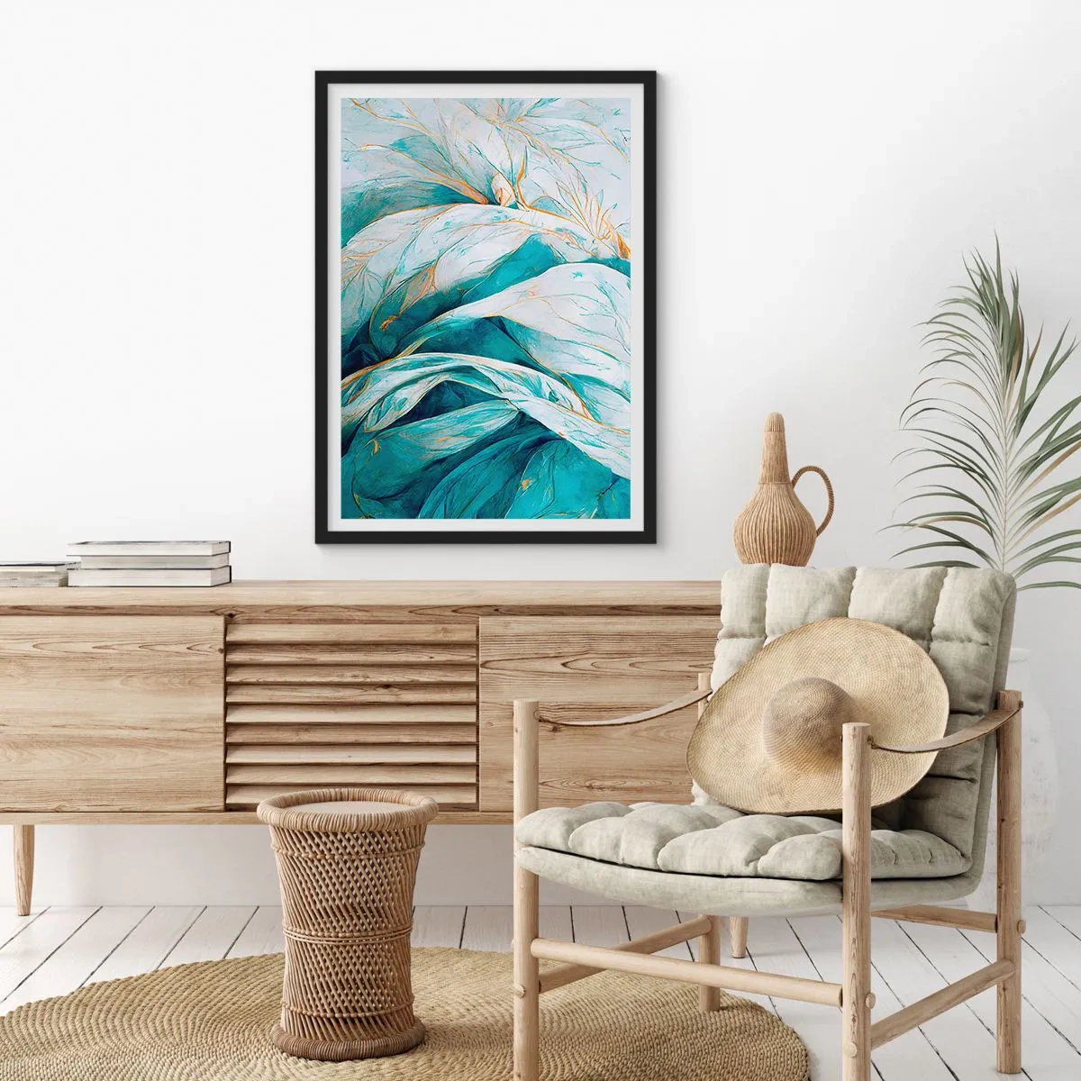 Affisch i svart ram - Abstrakta löv i nyanser av turkos och vitt med delikat guld - 50x70cm - Blå abstraktion med guldmotiv - Modern väggdekoration för vardagsrum och sovrum ARTTOR