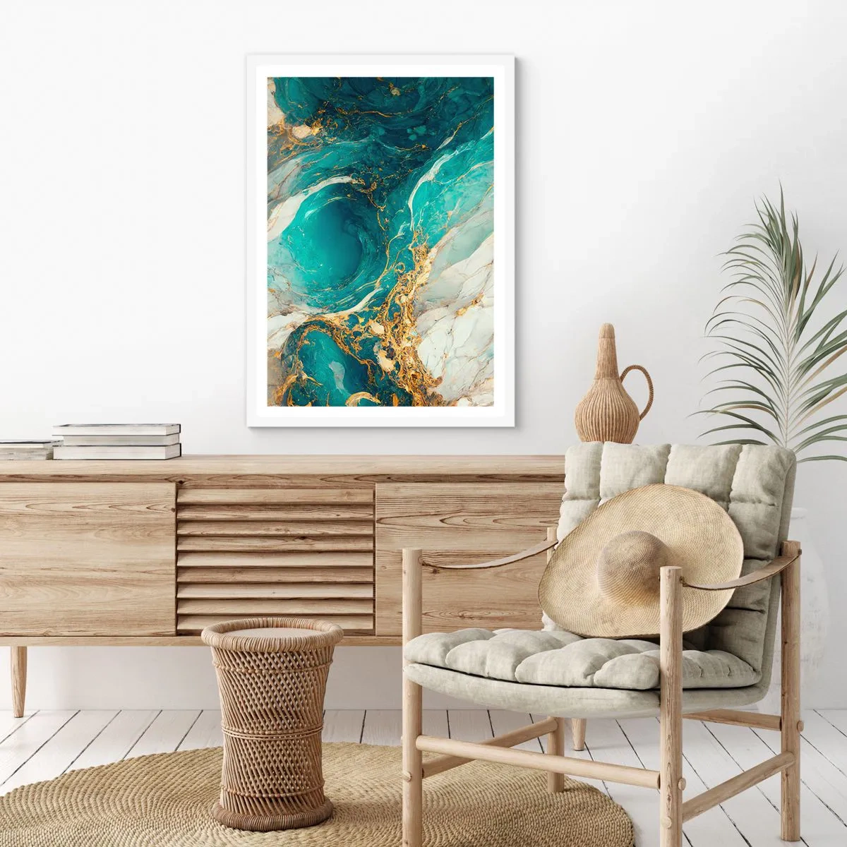 Affisch i vit ram - En komposition med guldådror - 30x40 cm