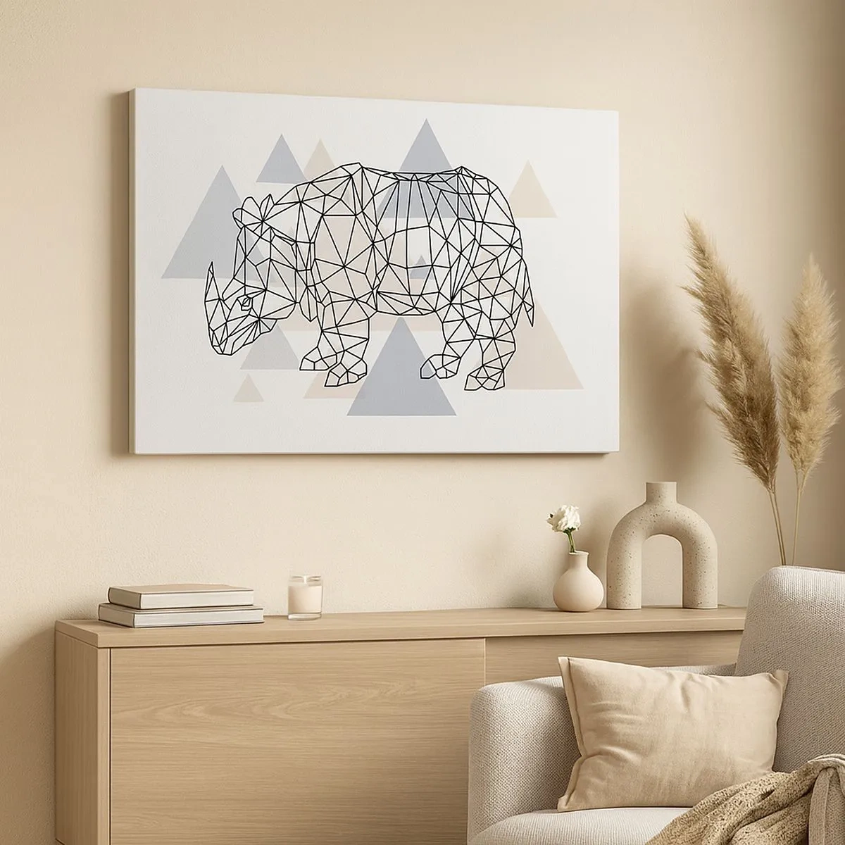 Canvastavla - Bild på duk - Geometrisk noshörning på en bakgrund av fina trianglar - 70x50cm - Kraftens struktur - Modern väggdekoration för vardagsrum och sovrum ARTTOR