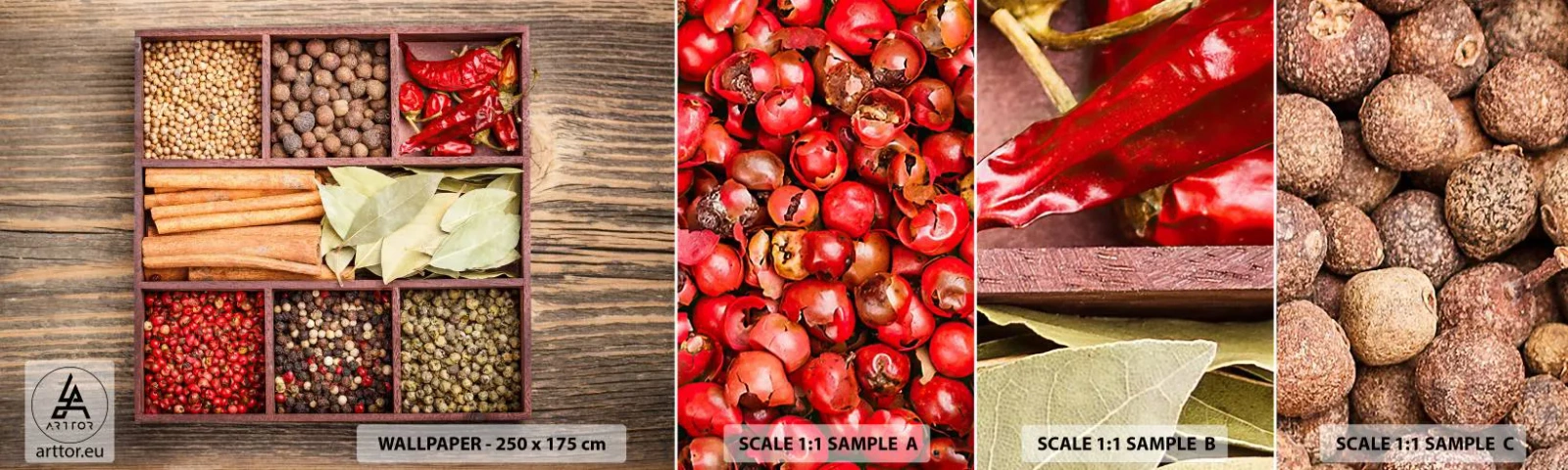 Fototapet Prov Standard Eco - Formordning, arombukett - Gastronomi, Kryddor, Chili - 100x30 cm