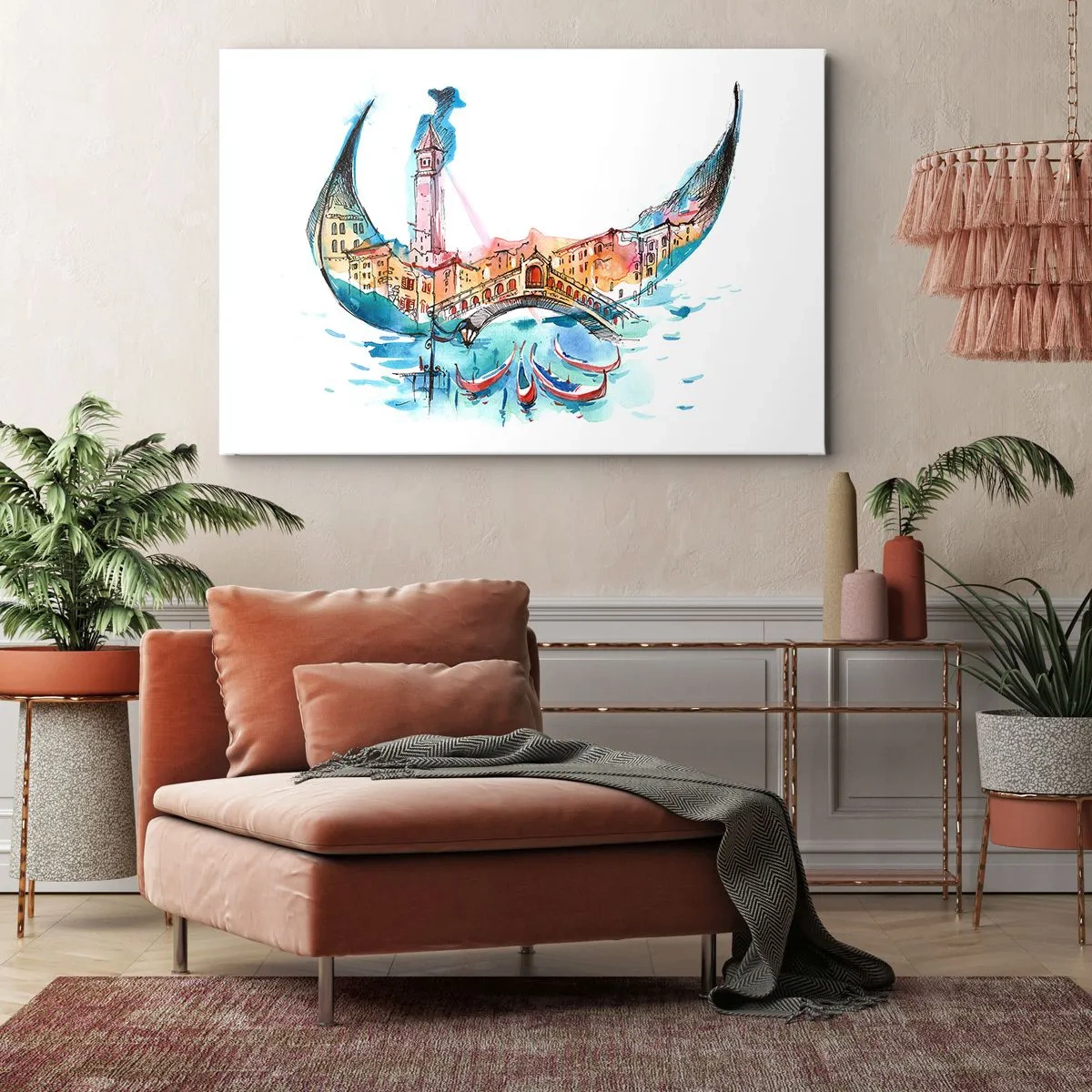 Canvastavla - Bild på duk - En akvarellkomposition av Venedig i form av en gondol - 70x50cm - Vi flyter genom staden - Modern väggdekoration för vardagsrum och sovrum ARTTOR