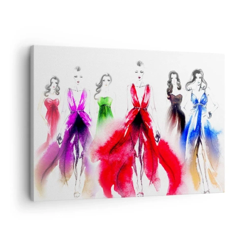 Canvastavla - Bild på duk - Modeillustration med modeller i färgglada klänningar - 70x50cm - Stämning för dräkter - Modern väggdekoration för vardagsrum och sovrum ARTTOR