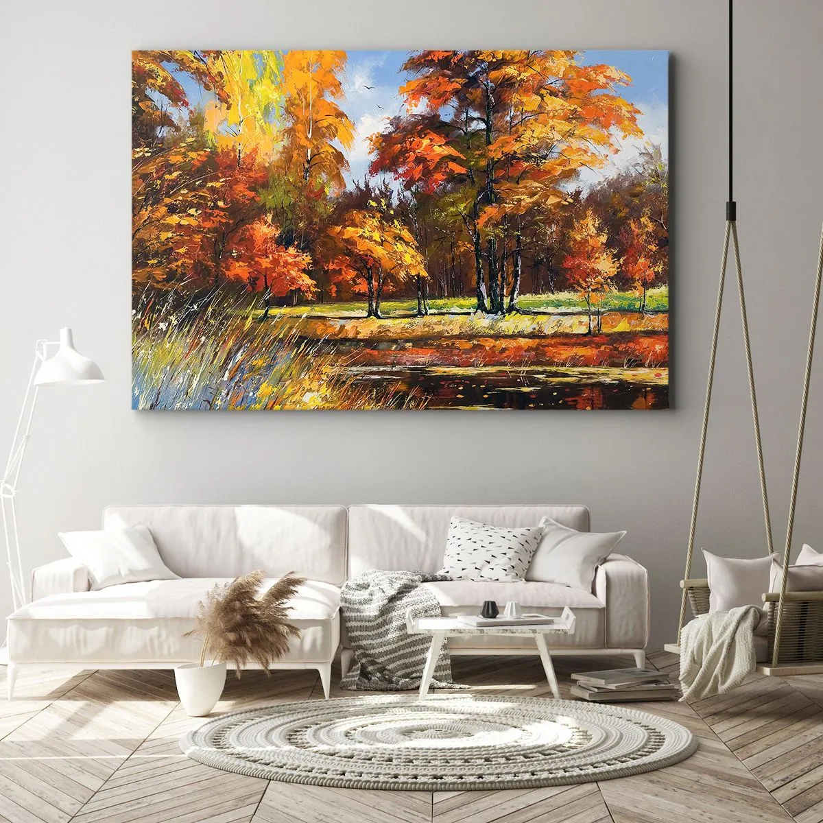 Canvastavla - Bild på duk - Höstlandskap med färgglada träd och en damm - 70x50cm - Landskap i guld och brons - Modern väggdekoration för vardagsrum och sovrum ARTTOR