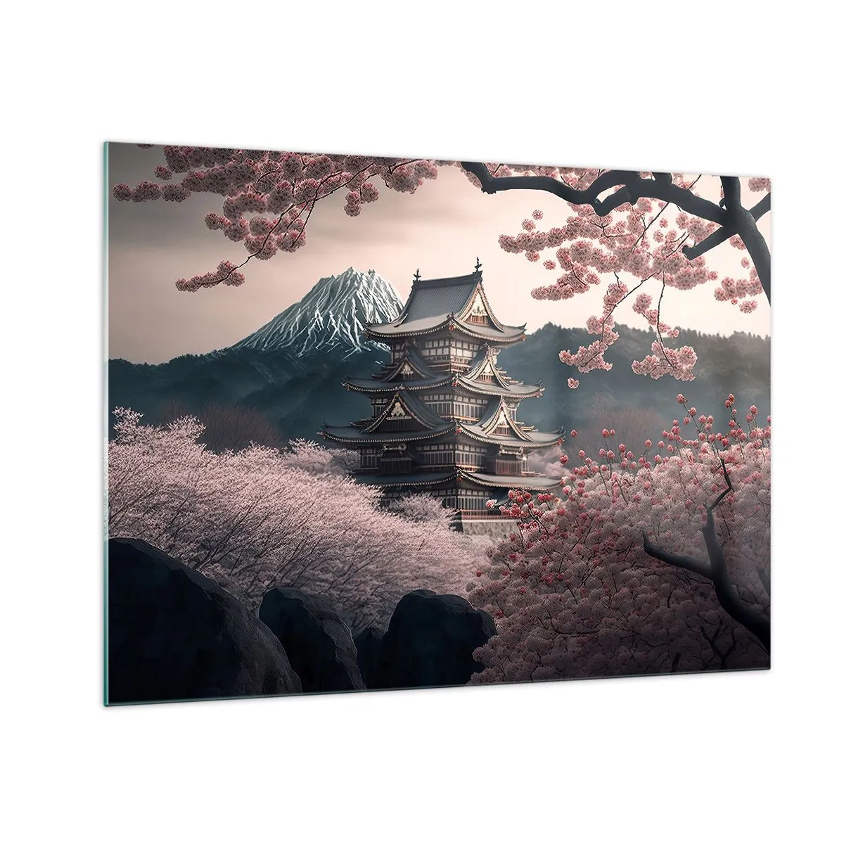 Glastavla - Bild på glas - En traditionell japansk pagod bland körsbärsblommor och berg - 70x50cm - Ett land av blommande körsbär - Modern väggdekoration för vardagsrum och sovrum ARTTOR