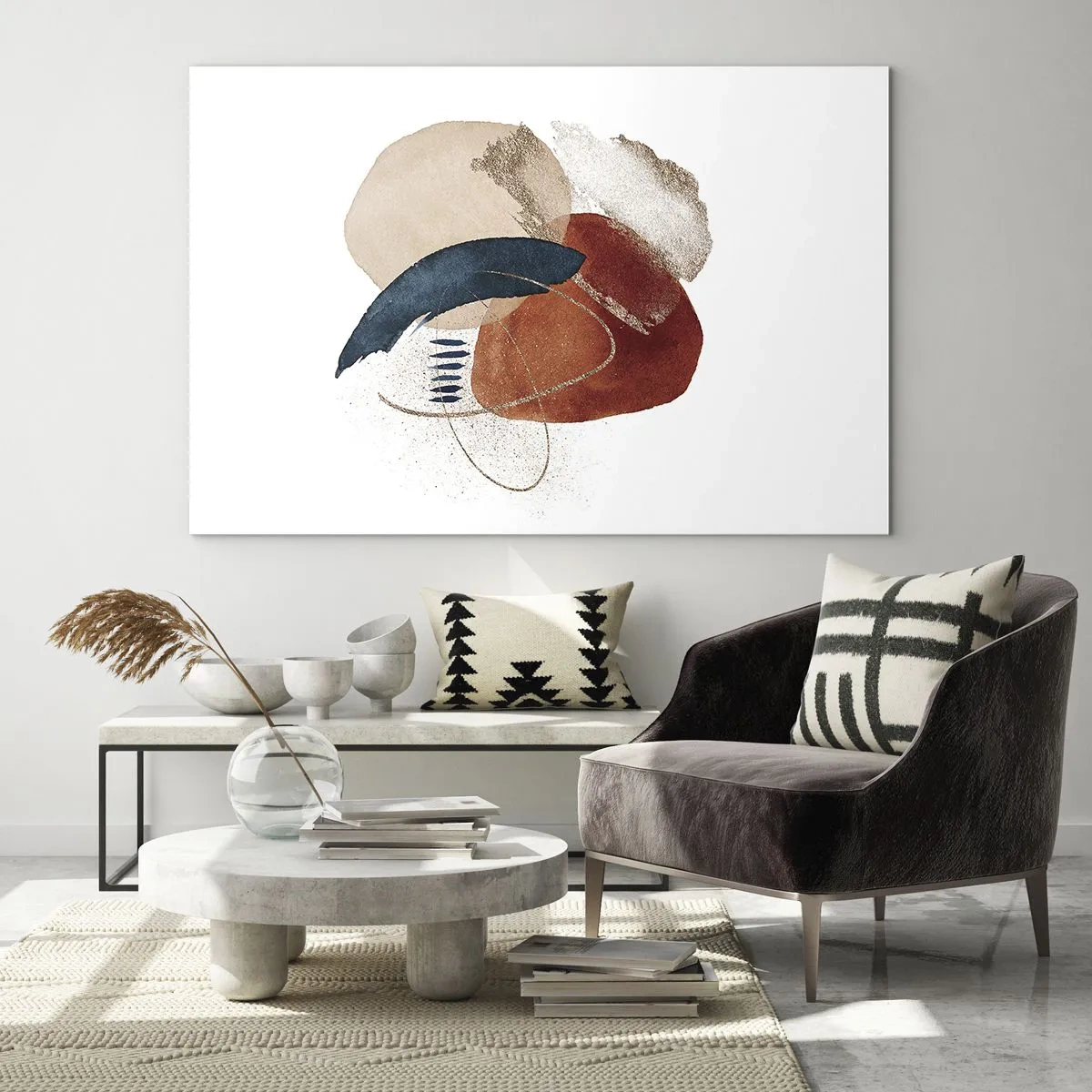 Glastavla - Bild på glas - En abstrakt komposition i varma nyanser med vatteninslag. - 70x50cm - Oval komposition - Modern väggdekoration för vardagsrum och sovrum ARTTOR