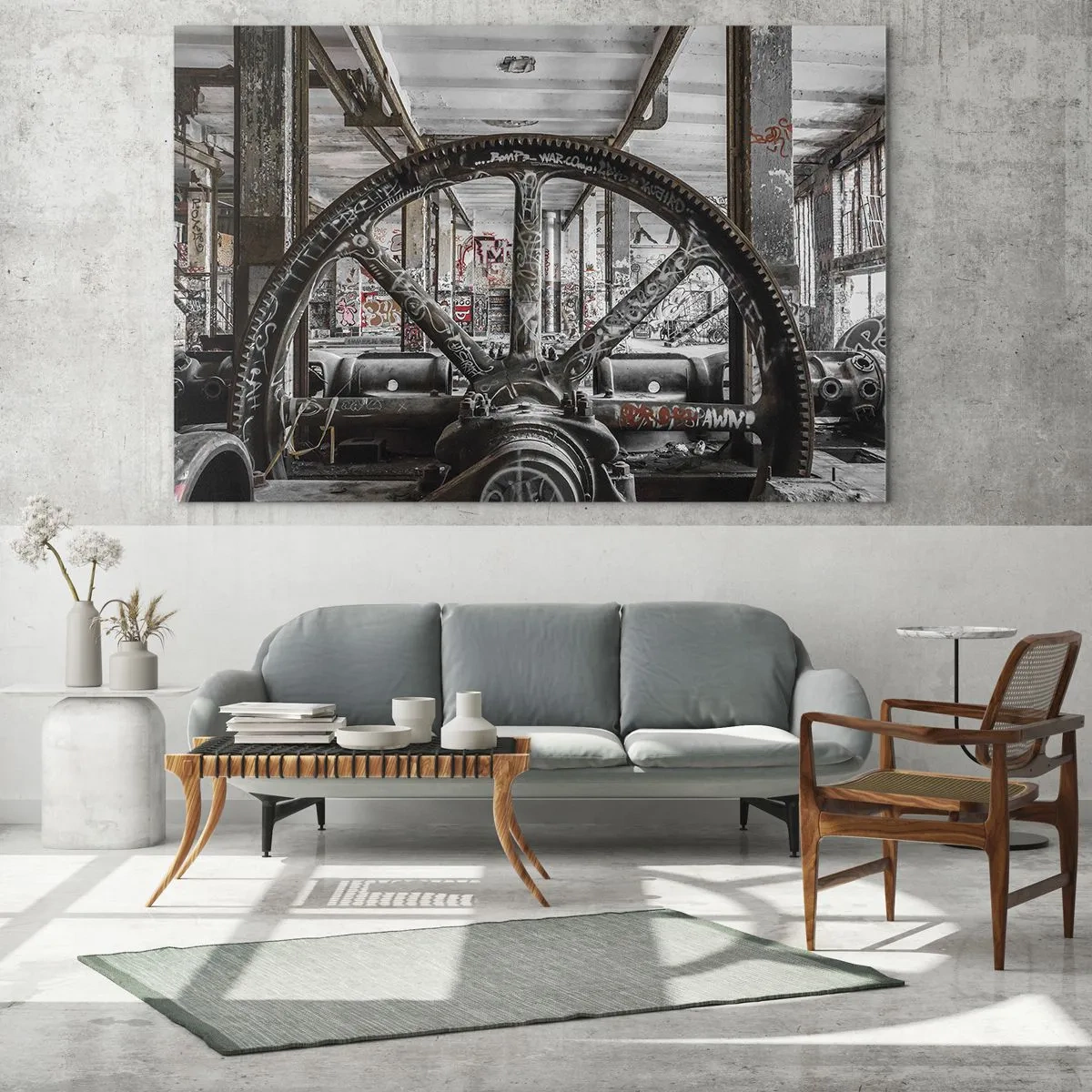 Glastavla - Bild på glas - Historisk industriell interiör med ett kugghjul - 70x50cm - Fabrikens hemliga liv - Modern väggdekoration för vardagsrum och sovrum ARTTOR
