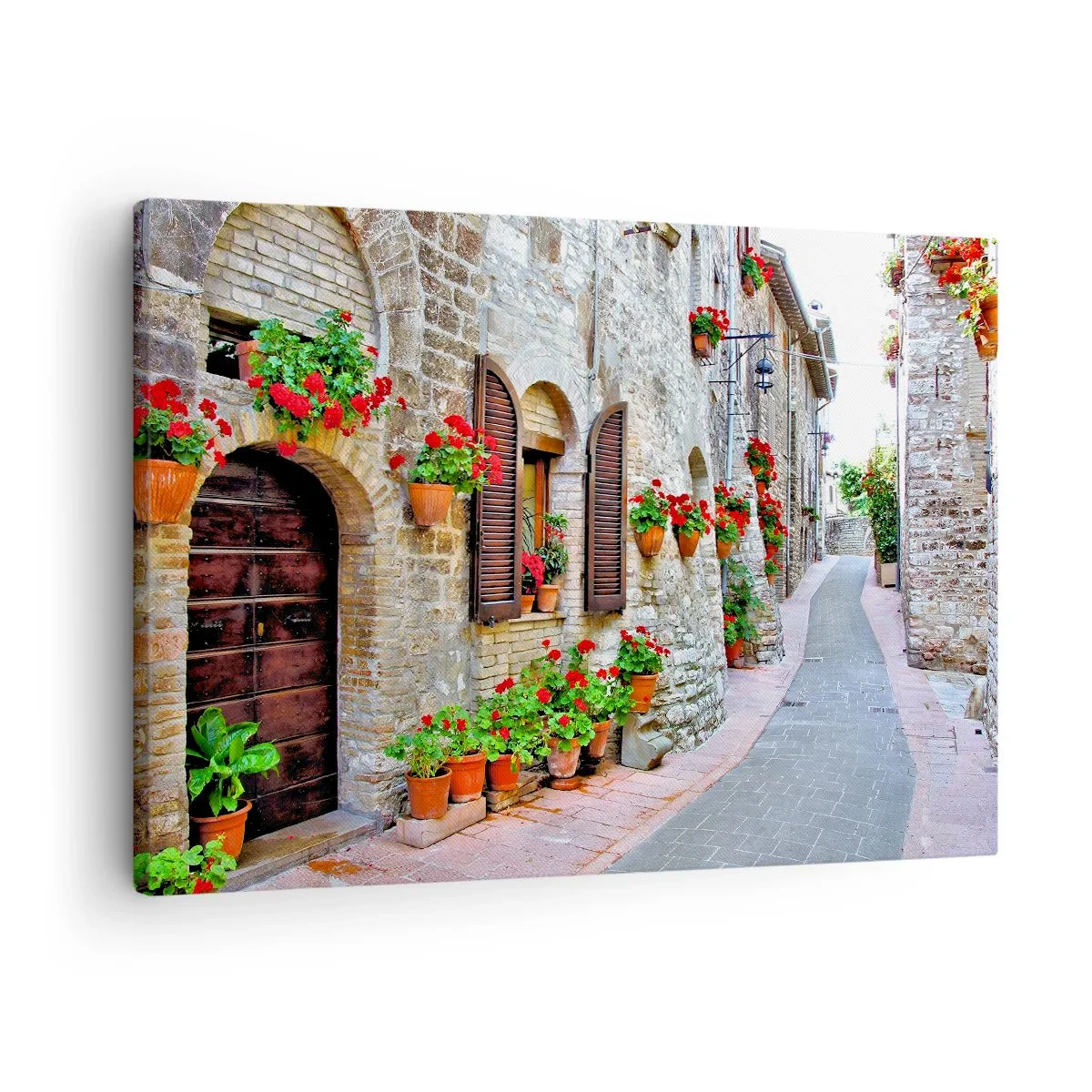Canvastavla - Bild på duk - En smal gata med stenbyggnader dekorerade med blomkrukor - 70x50cm - Italiensk stämning - Modern väggdekoration för vardagsrum och sovrum ARTTOR