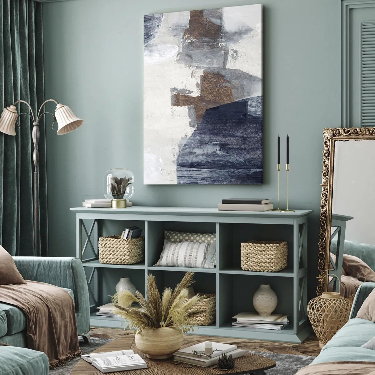 Canvastavla - Bild på duk - Blåbruna former - 45x80 cm