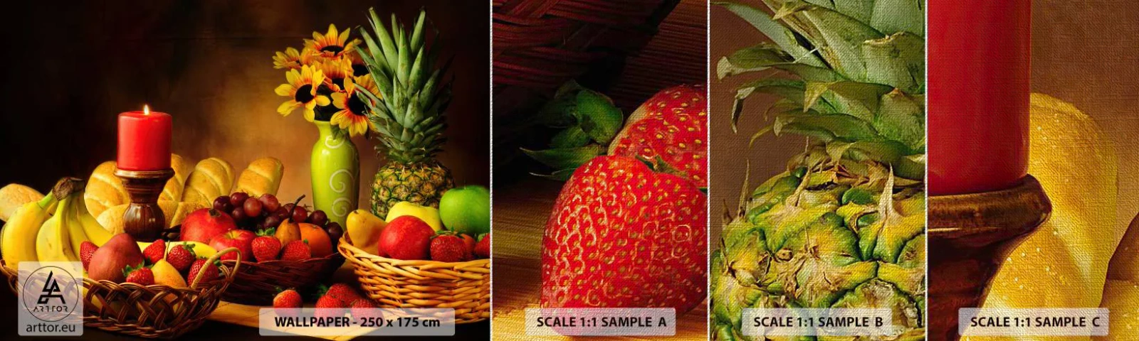 Provbit av fototapet Premium Canvas - Stilleben med bröd och frukt - Gastronomi, Blommor, Frukt - 100x30 cm