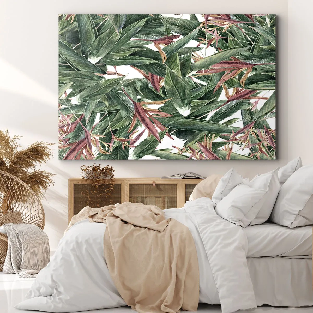 Canvastavla - Bild på duk - Ett dekorativt lövmotiv i nyanser av grönt och vinrött mot en ljus bakgrund - 70x50cm - Smaragd-lila växter - Modern väggdekoration för vardagsrum och sovrum ARTTOR