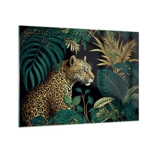 Glastavla - Bild på glas - En leopard bland tropiska löv på en mörk bakgrund - 70x50cm - Värden i djungeln - Modern väggdekoration för vardagsrum och sovrum ARTTOR