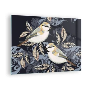 Glastavla - Bild på glas - Illustration av två fåglar på en mörk bakgrund med ornament - 70x50cm - Gul-grå fågelsång - Modern väggdekoration för vardagsrum och sovrum ARTTOR