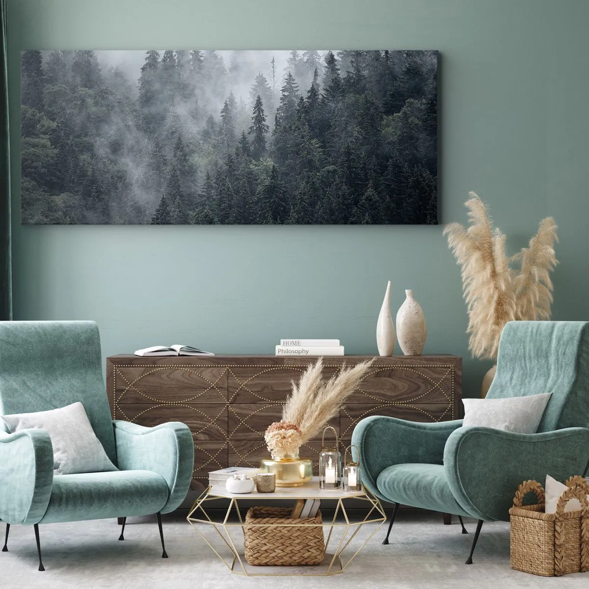 Canvastavla - Bild på duk - Gryning i skogen - 100x40 cm