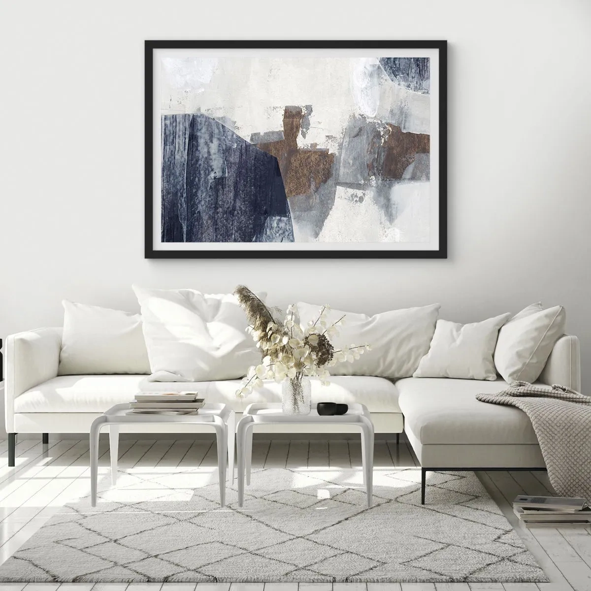 Affisch i svart ram - Blåbruna former - 70x50 cm